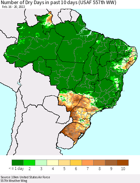 Brazil Number of Dry Days in past 10 days (USAF 557th WW) Thematic Map For 2/16/2022 - 2/20/2022
