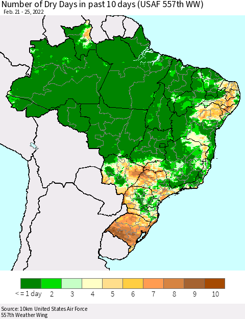Brazil Number of Dry Days in past 10 days (USAF 557th WW) Thematic Map For 2/21/2022 - 2/25/2022