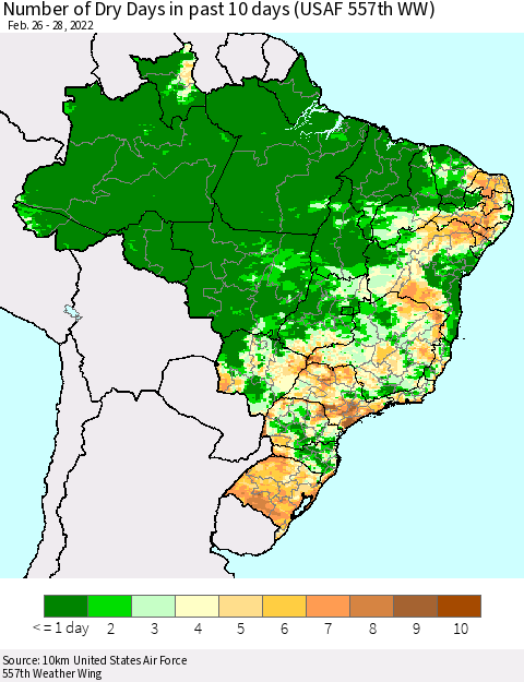 Brazil Number of Dry Days in past 10 days (USAF 557th WW) Thematic Map For 2/26/2022 - 2/28/2022