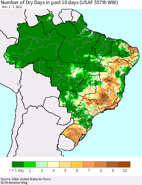 Brazil Number of Dry Days in past 10 days (USAF 557th WW) Thematic Map For 3/1/2022 - 3/5/2022