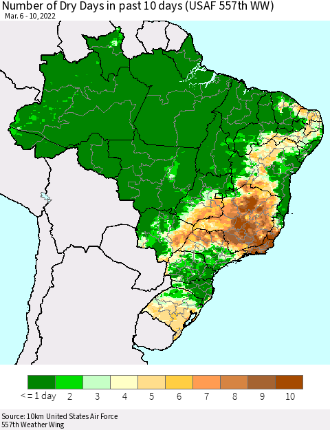 Brazil Number of Dry Days in past 10 days (USAF 557th WW) Thematic Map For 3/6/2022 - 3/10/2022