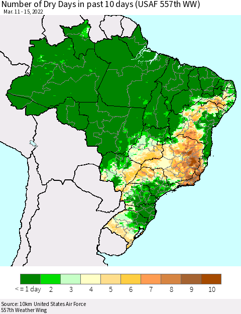Brazil Number of Dry Days in past 10 days (USAF 557th WW) Thematic Map For 3/11/2022 - 3/15/2022