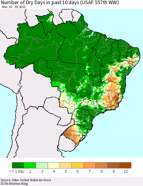 Brazil Number of Dry Days in past 10 days (USAF 557th WW) Thematic Map For 3/16/2022 - 3/20/2022