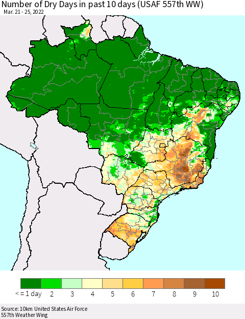 Brazil Number of Dry Days in past 10 days (USAF 557th WW) Thematic Map For 3/21/2022 - 3/25/2022