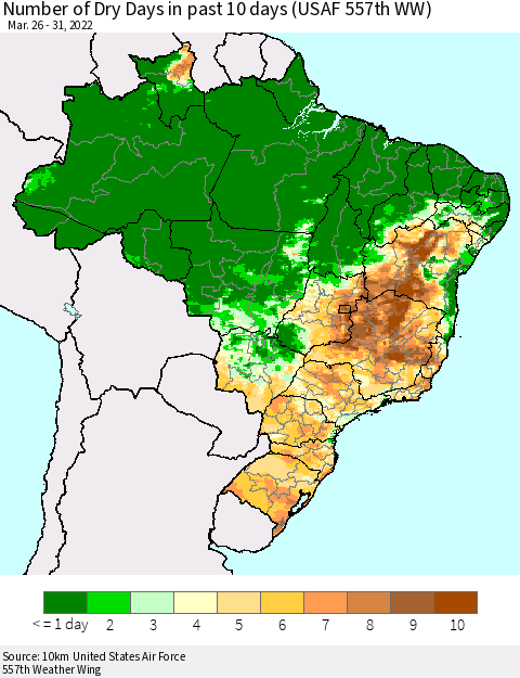 Brazil Number of Dry Days in past 10 days (USAF 557th WW) Thematic Map For 3/26/2022 - 3/31/2022