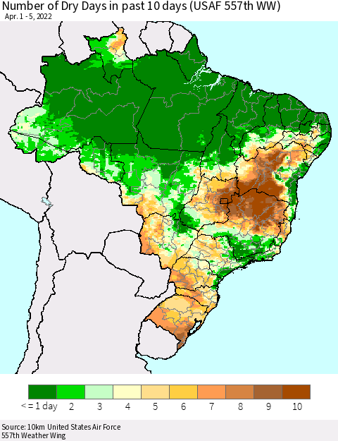 Brazil Number of Dry Days in past 10 days (USAF 557th WW) Thematic Map For 4/1/2022 - 4/5/2022