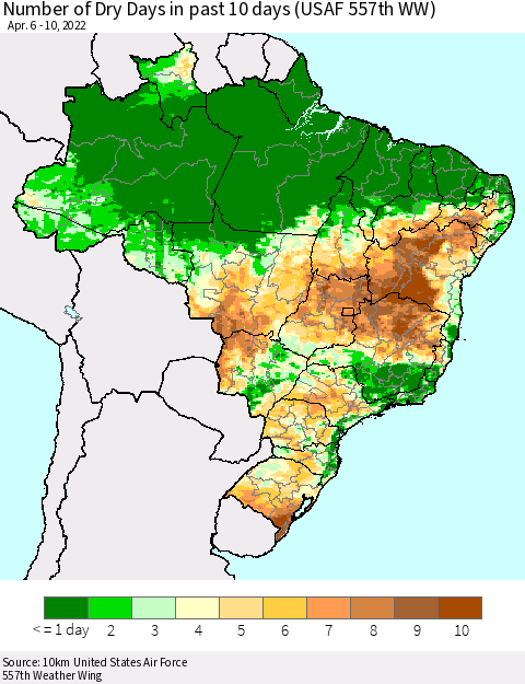 Brazil Number of Dry Days in past 10 days (USAF 557th WW) Thematic Map For 4/6/2022 - 4/10/2022