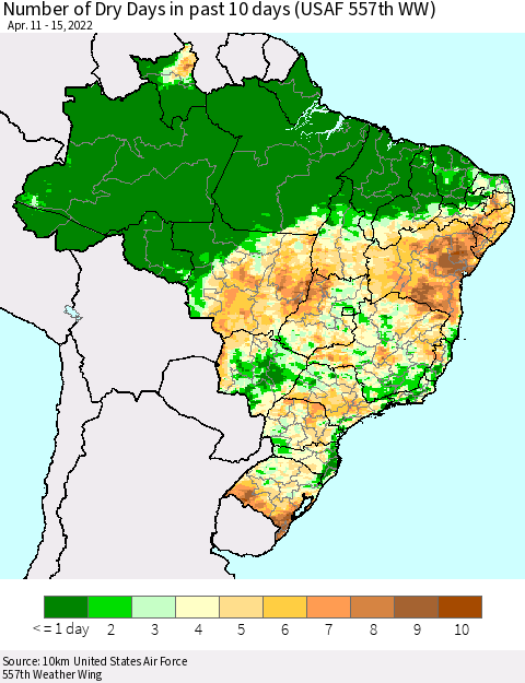 Brazil Number of Dry Days in past 10 days (USAF 557th WW) Thematic Map For 4/11/2022 - 4/15/2022