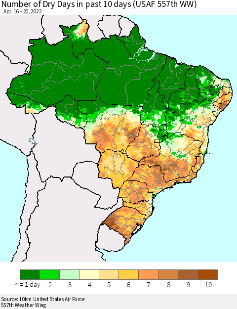 Brazil Number of Dry Days in past 10 days (USAF 557th WW) Thematic Map For 4/16/2022 - 4/20/2022