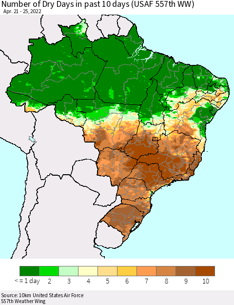 Brazil Number of Dry Days in past 10 days (USAF 557th WW) Thematic Map For 4/21/2022 - 4/25/2022