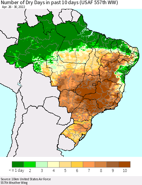 Brazil Number of Dry Days in past 10 days (USAF 557th WW) Thematic Map For 4/26/2022 - 4/30/2022