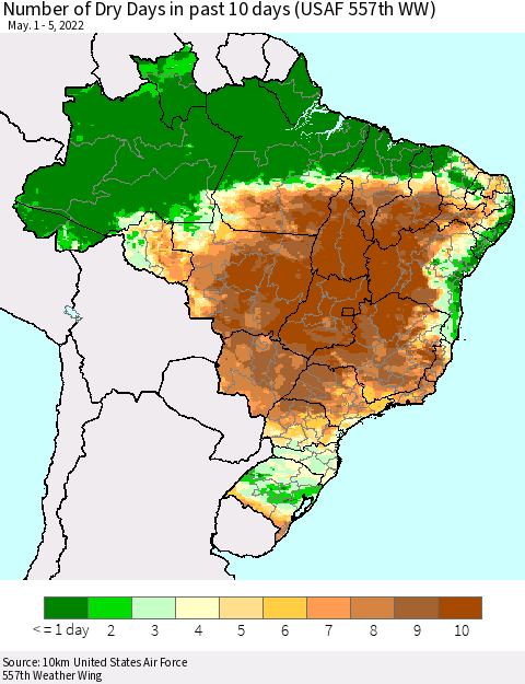 Brazil Number of Dry Days in past 10 days (USAF 557th WW) Thematic Map For 5/1/2022 - 5/5/2022