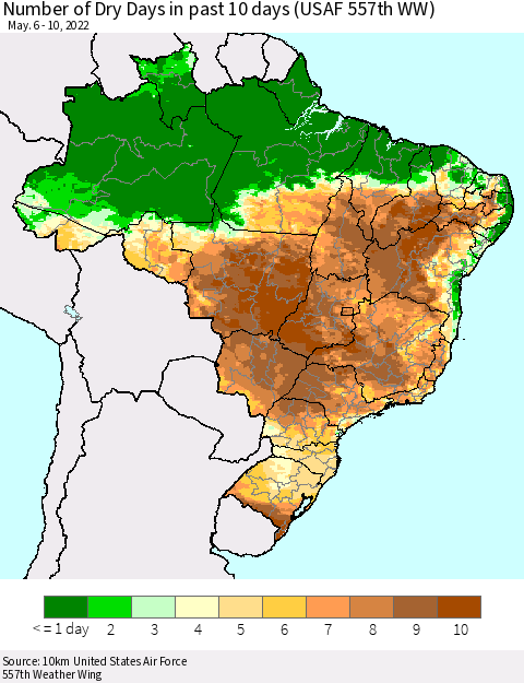 Brazil Number of Dry Days in past 10 days (USAF 557th WW) Thematic Map For 5/6/2022 - 5/10/2022