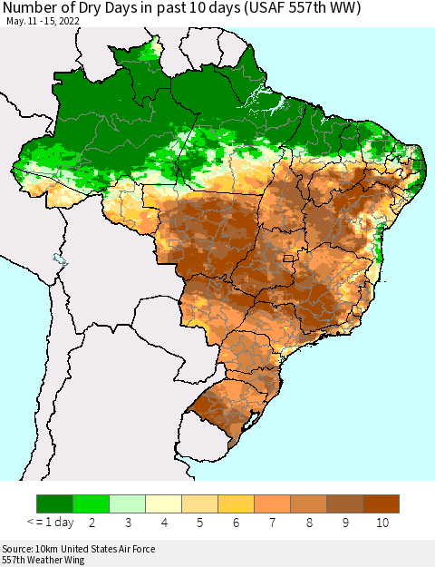Brazil Number of Dry Days in past 10 days (USAF 557th WW) Thematic Map For 5/11/2022 - 5/15/2022