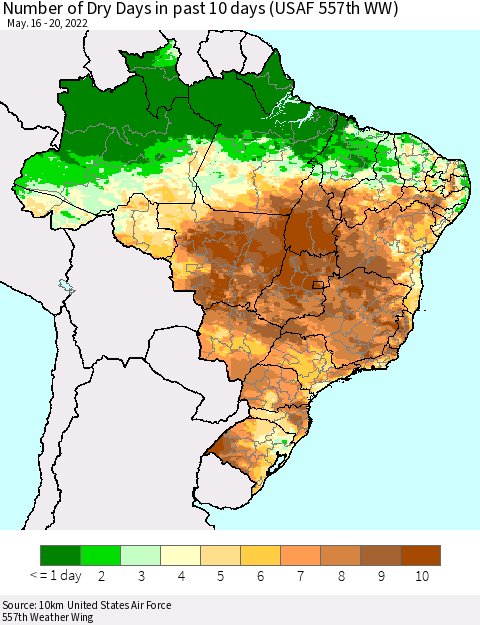 Brazil Number of Dry Days in past 10 days (USAF 557th WW) Thematic Map For 5/16/2022 - 5/20/2022