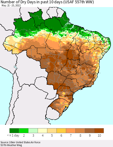 Brazil Number of Dry Days in past 10 days (USAF 557th WW) Thematic Map For 5/21/2022 - 5/25/2022