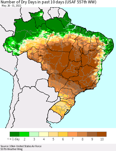 Brazil Number of Dry Days in past 10 days (USAF 557th WW) Thematic Map For 5/26/2022 - 5/31/2022