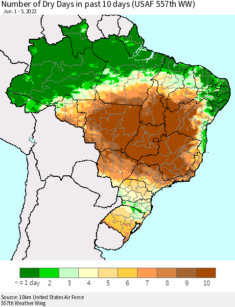 Brazil Number of Dry Days in past 10 days (USAF 557th WW) Thematic Map For 6/1/2022 - 6/5/2022