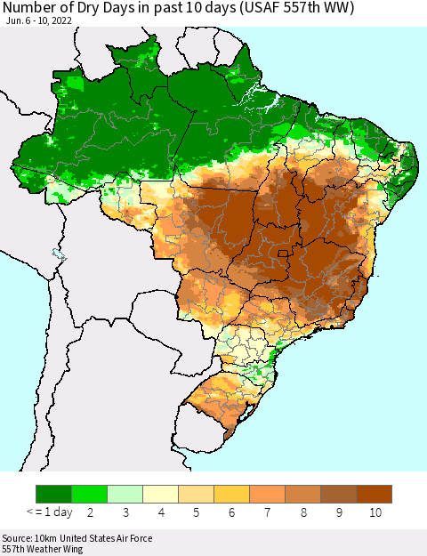 Brazil Number of Dry Days in past 10 days (USAF 557th WW) Thematic Map For 6/6/2022 - 6/10/2022