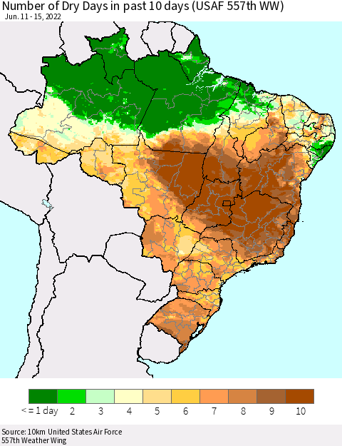 Brazil Number of Dry Days in past 10 days (USAF 557th WW) Thematic Map For 6/11/2022 - 6/15/2022
