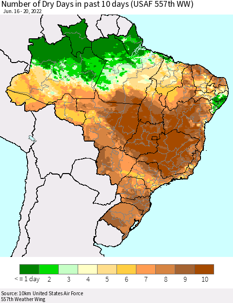 Brazil Number of Dry Days in past 10 days (USAF 557th WW) Thematic Map For 6/16/2022 - 6/20/2022
