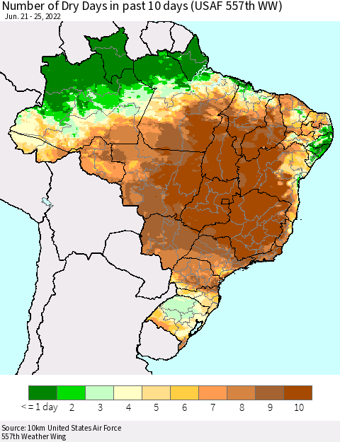 Brazil Number of Dry Days in past 10 days (USAF 557th WW) Thematic Map For 6/21/2022 - 6/25/2022