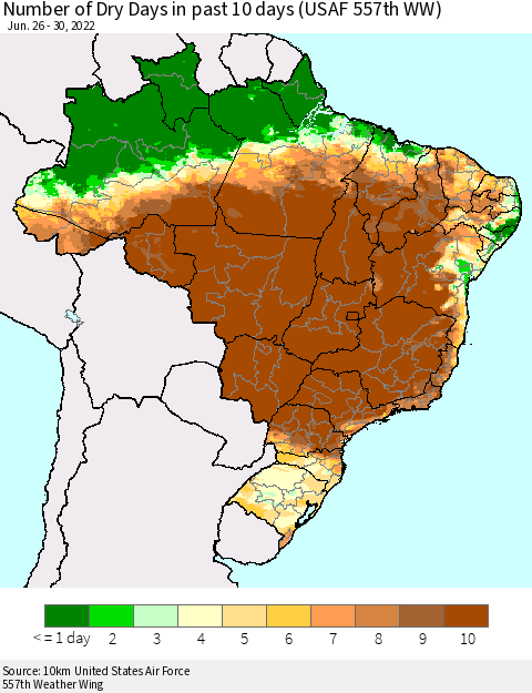 Brazil Number of Dry Days in past 10 days (USAF 557th WW) Thematic Map For 6/26/2022 - 6/30/2022