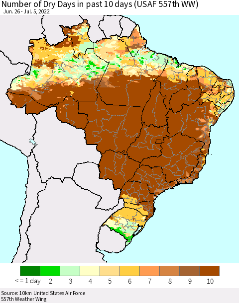 Brazil Number of Dry Days in past 10 days (USAF 557th WW) Thematic Map For 7/1/2022 - 7/5/2022