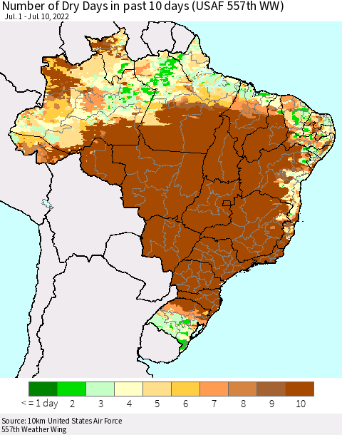 Brazil Number of Dry Days in past 10 days (USAF 557th WW) Thematic Map For 7/6/2022 - 7/10/2022