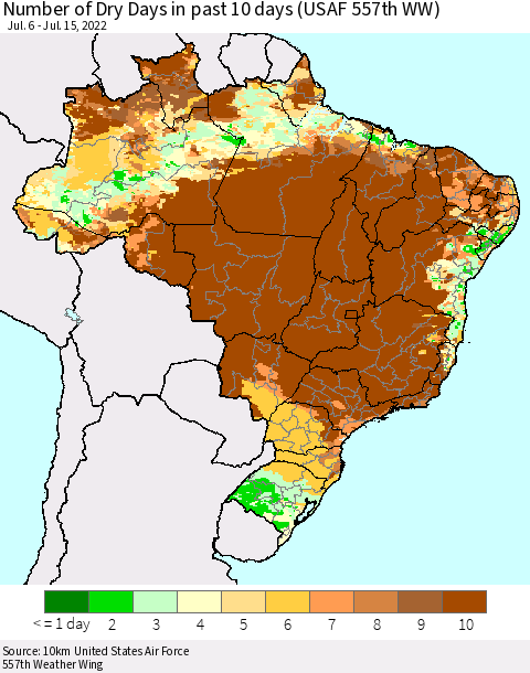 Brazil Number of Dry Days in past 10 days (USAF 557th WW) Thematic Map For 7/11/2022 - 7/15/2022