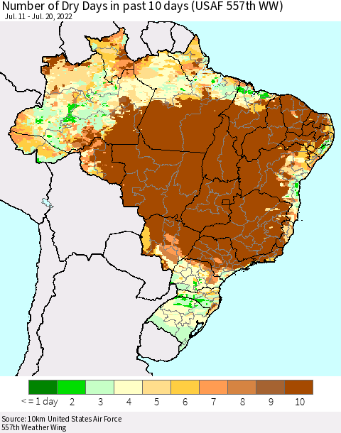 Brazil Number of Dry Days in past 10 days (USAF 557th WW) Thematic Map For 7/16/2022 - 7/20/2022