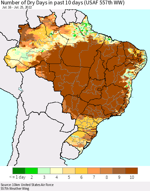 Brazil Number of Dry Days in past 10 days (USAF 557th WW) Thematic Map For 7/21/2022 - 7/25/2022