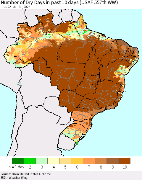 Brazil Number of Dry Days in past 10 days (USAF 557th WW) Thematic Map For 7/26/2022 - 7/31/2022
