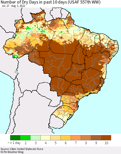 Brazil Number of Dry Days in past 10 days (USAF 557th WW) Thematic Map For 8/1/2022 - 8/5/2022
