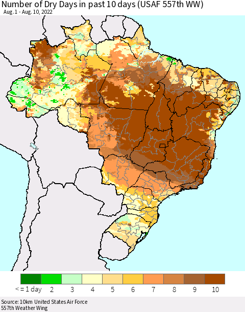 Brazil Number of Dry Days in past 10 days (USAF 557th WW) Thematic Map For 8/6/2022 - 8/10/2022