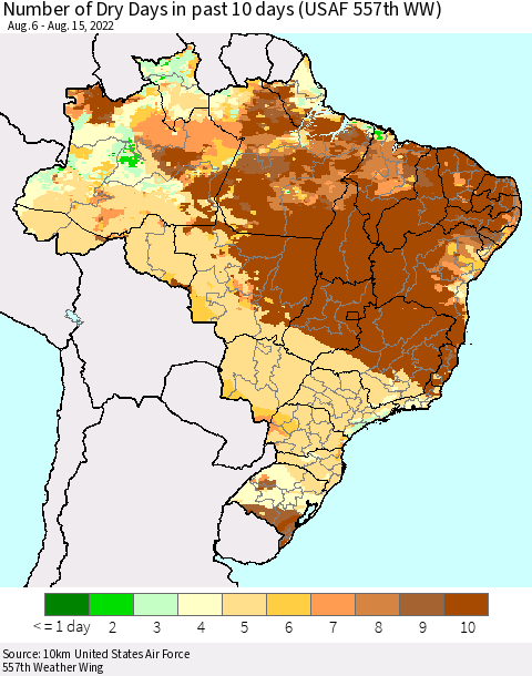 Brazil Number of Dry Days in past 10 days (USAF 557th WW) Thematic Map For 8/11/2022 - 8/15/2022
