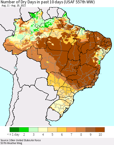 Brazil Number of Dry Days in past 10 days (USAF 557th WW) Thematic Map For 8/16/2022 - 8/20/2022