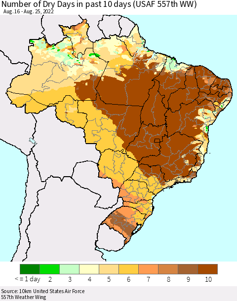 Brazil Number of Dry Days in past 10 days (USAF 557th WW) Thematic Map For 8/21/2022 - 8/25/2022