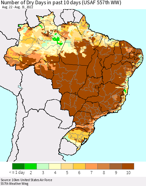 Brazil Number of Dry Days in past 10 days (USAF 557th WW) Thematic Map For 8/26/2022 - 8/31/2022