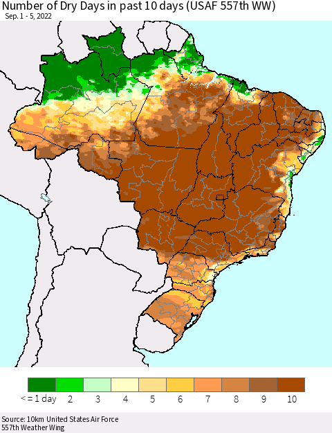 Brazil Number of Dry Days in past 10 days (USAF 557th WW) Thematic Map For 9/1/2022 - 9/5/2022