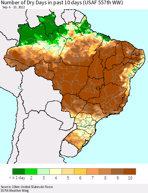Brazil Number of Dry Days in past 10 days (USAF 557th WW) Thematic Map For 9/6/2022 - 9/10/2022