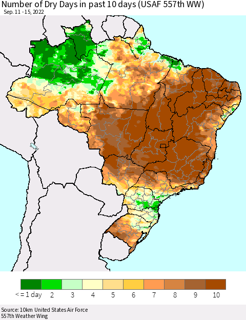 Brazil Number of Dry Days in past 10 days (USAF 557th WW) Thematic Map For 9/11/2022 - 9/15/2022