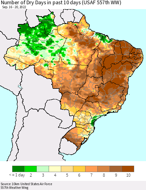 Brazil Number of Dry Days in past 10 days (USAF 557th WW) Thematic Map For 9/16/2022 - 9/20/2022