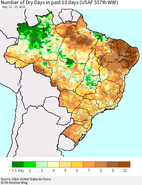 Brazil Number of Dry Days in past 10 days (USAF 557th WW) Thematic Map For 9/21/2022 - 9/25/2022