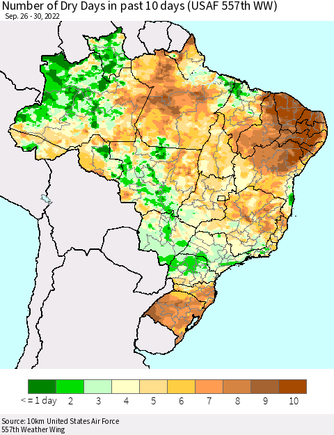 Brazil Number of Dry Days in past 10 days (USAF 557th WW) Thematic Map For 9/26/2022 - 9/30/2022