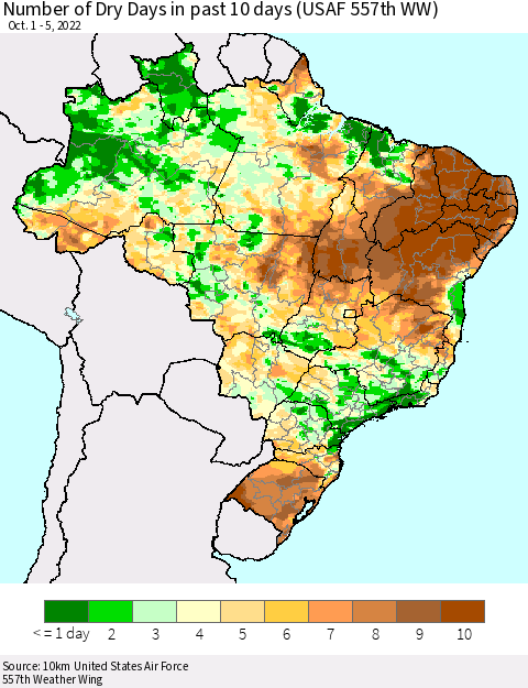 Brazil Number of Dry Days in past 10 days (USAF 557th WW) Thematic Map For 10/1/2022 - 10/5/2022