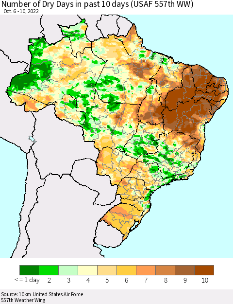 Brazil Number of Dry Days in past 10 days (USAF 557th WW) Thematic Map For 10/6/2022 - 10/10/2022