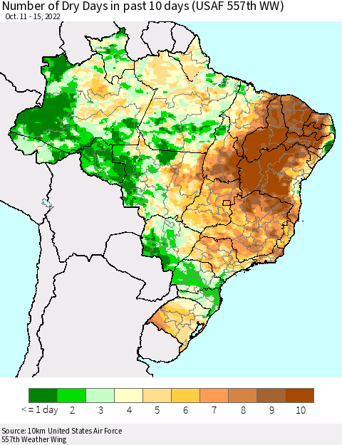 Brazil Number of Dry Days in past 10 days (USAF 557th WW) Thematic Map For 10/11/2022 - 10/15/2022