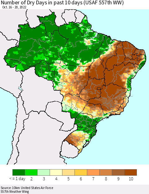 Brazil Number of Dry Days in past 10 days (USAF 557th WW) Thematic Map For 10/16/2022 - 10/20/2022