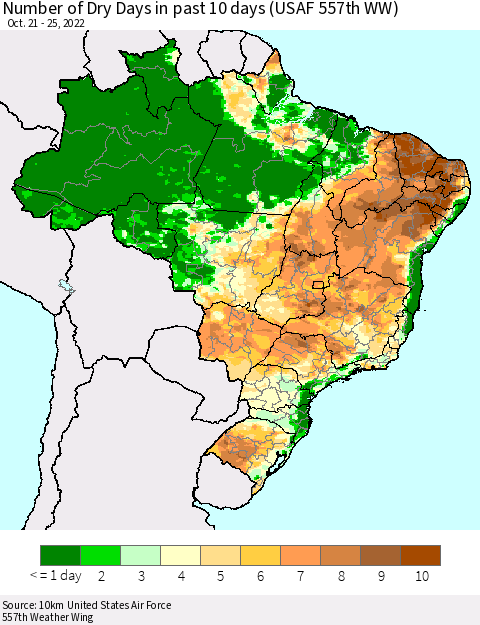 Brazil Number of Dry Days in past 10 days (USAF 557th WW) Thematic Map For 10/21/2022 - 10/25/2022